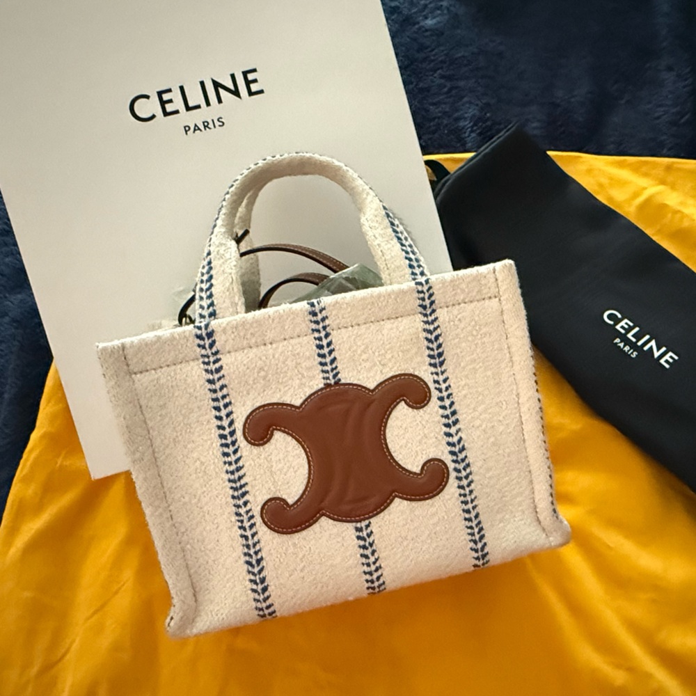 Celine Canvas Calfskin Stripe- Triomphe Small Cabas White/ Blue